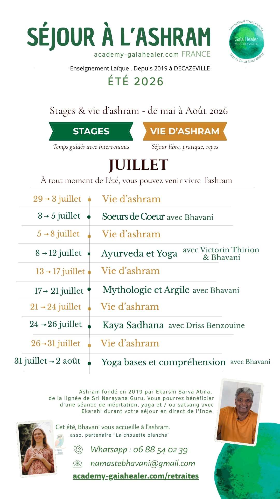 Le programme de la saison à l'ashram en France