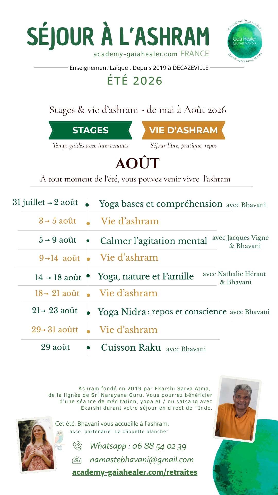 Programme de la saison a l'ashram 2026