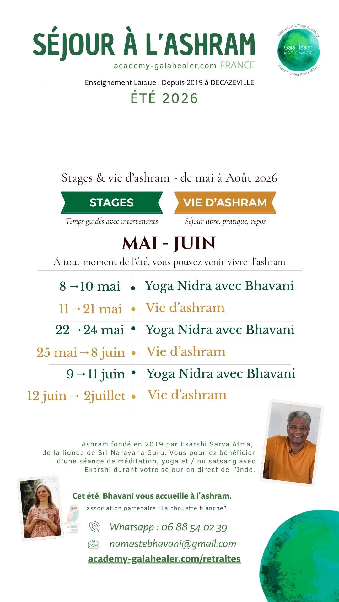 Le programme de l'ashram à Decazeville en Aveyron