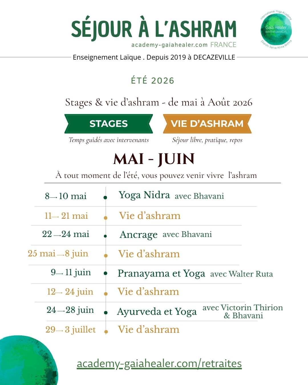 Le programme de l'ashram de Decazeville pour mai et juin