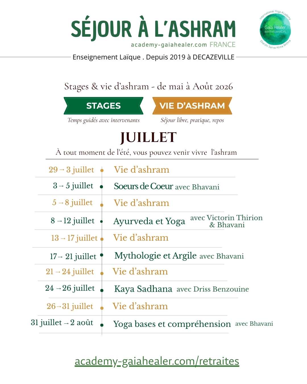 Le programme de l'ashram de Decazeville pour juillet