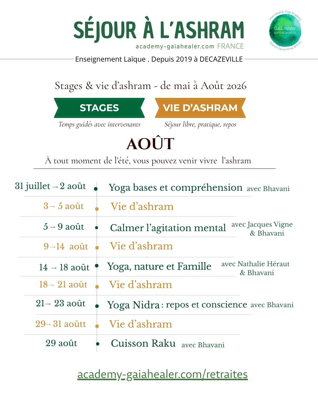 Le programme de l'ashram de Decazeville pour aout