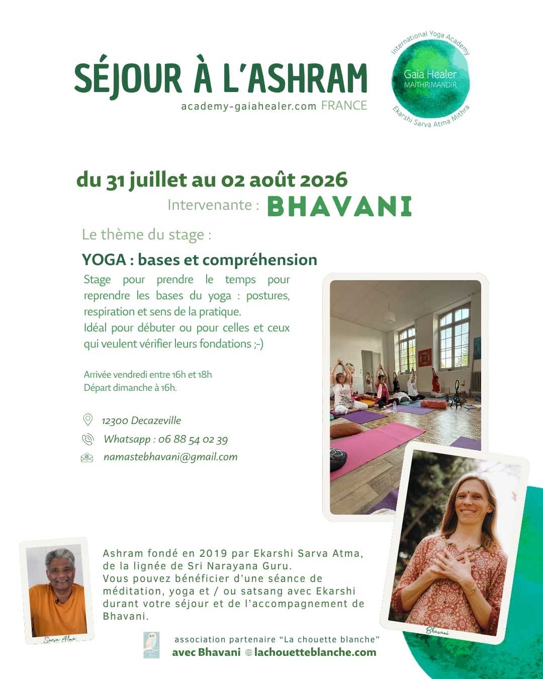 stage yoga bases et compréhension avec Bhavani à l'ashram de Decazeville